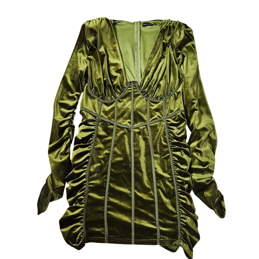 PrettyLittleThing Ruched‎ Velvet Dress Green 16 Long Sleeve Mini Coquette Party